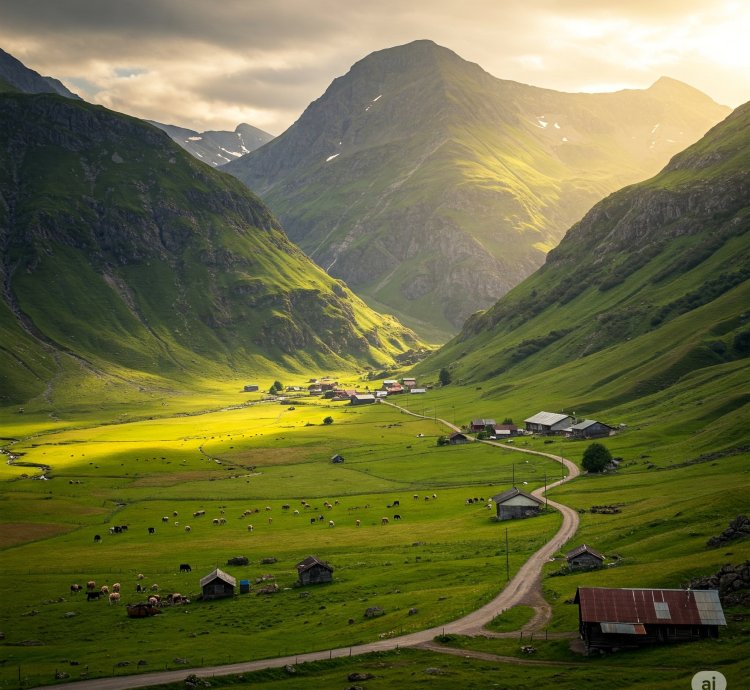 Sunlit Alpine Valley Digital Art Peaceful Mountain Countryside Scene