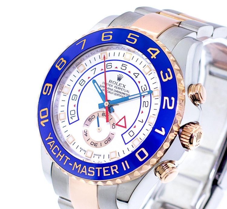 Rolex Yacht-master Ii 44mm Everose Gold Steel White Dial Blue Bezel 116681