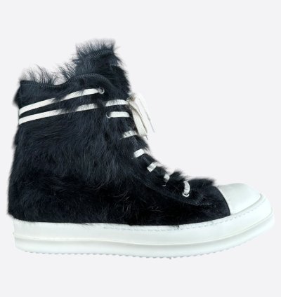 Rick Owens Black White Ponyhair High Top Sneakers