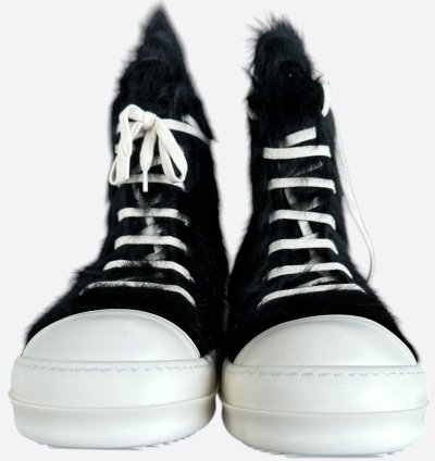 Rick Owens Black White Ponyhair High Top Sneakers