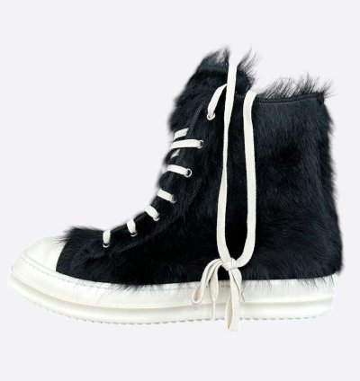 Rick Owens Black White Ponyhair High Top Sneakers