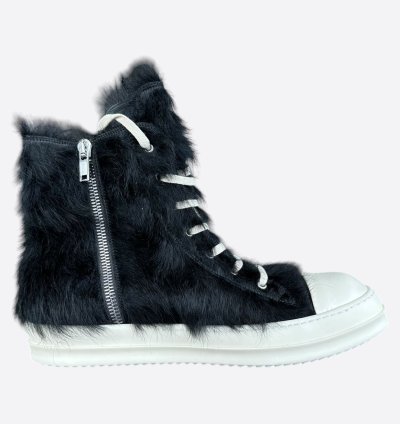 Rick Owens Black White Ponyhair High Top Sneakers