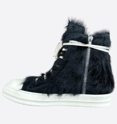 Rick Owens Black White Ponyhair High Top Sneakers