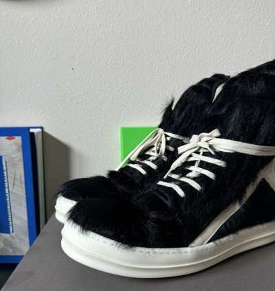 Rick Owens Lido Geobasket High Black Milk Fur Sneakers
