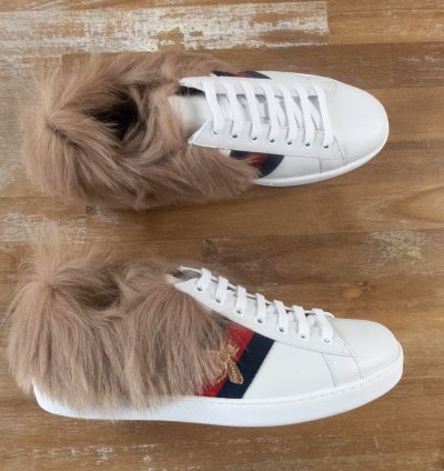 910 GUCCI Ace white lamb fur bee sneakers - 8 5 US 8 UK
