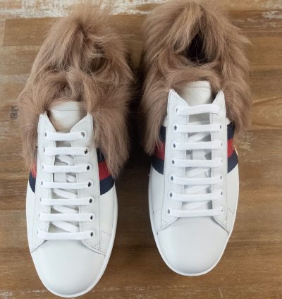 910 GUCCI Ace white lamb fur bee sneakers - 8 5 US 8 UK