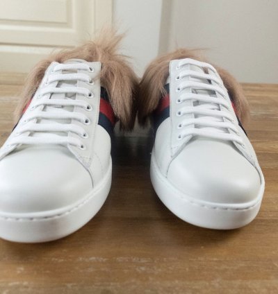 910 GUCCI Ace white lamb fur bee sneakers - 8 5 US 8 UK