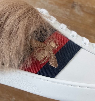 910 GUCCI Ace white lamb fur bee sneakers - 8 5 US 8 UK