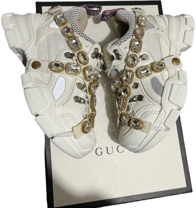 Fits (3-3 5 Mens) Gucci Flashtrek Crystals White Gold Pink