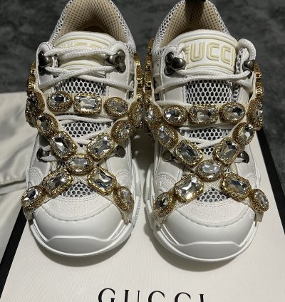 Fits (3-3 5 Mens) Gucci Flashtrek Crystals White Gold Pink
