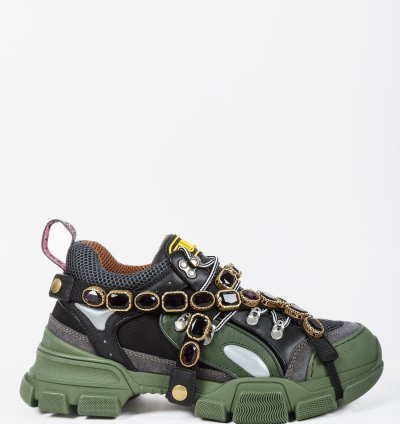 Gucci Flashtrek Crystal Black and Green Leather Sneakers