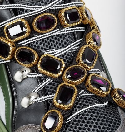 Gucci Flashtrek Crystal Black and Green Leather Sneakers