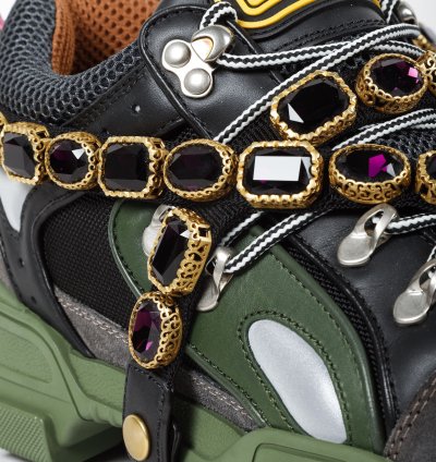 Gucci Flashtrek Crystal Black and Green Leather Sneakers