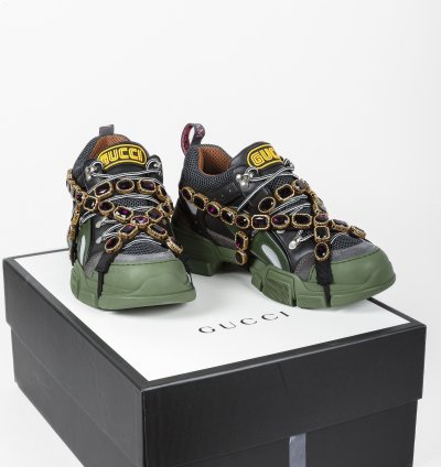 Gucci Flashtrek Crystal Black and Green Leather Sneakers