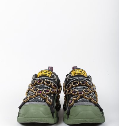 Gucci Flashtrek Crystal Black and Green Leather Sneakers