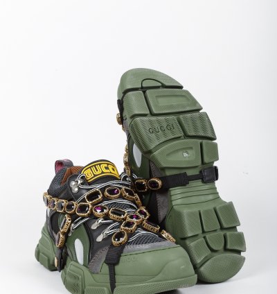 Gucci Flashtrek Crystal Black and Green Leather Sneakers