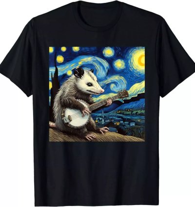 Opossum Possum Playing Banjo Starry Nights Funny T-Shirt Size S-5XL