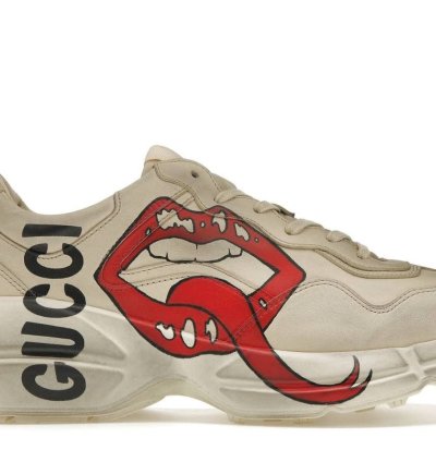 GUCCI Rhyton Printed Distressed Leather Sneakers (Red Lips)