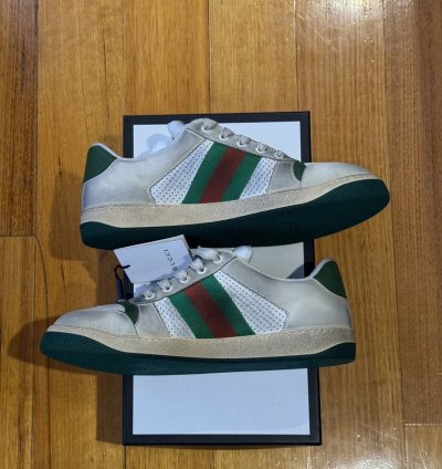 Gucci Screener Vintage Leather Low Top Sneakers White Beige