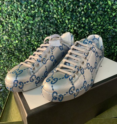 Gucci silver blue wavy monogram ace sneakers