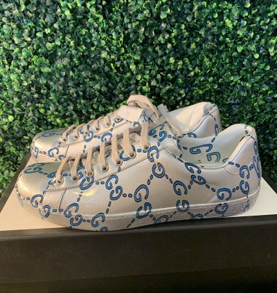 Gucci silver blue wavy monogram ace sneakers