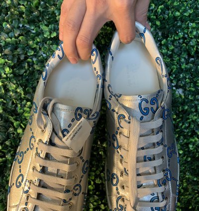 Gucci silver blue wavy monogram ace sneakers