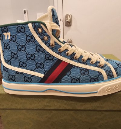Gucci Tennis 1977 High Top Turquoise Navy Logo Monogram Sz 9