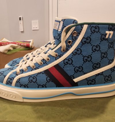 Gucci Tennis 1977 High Top Turquoise Navy Logo Monogram Sz 9