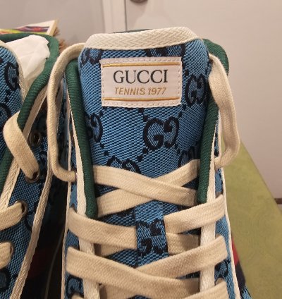 Gucci Tennis 1977 High Top Turquoise Navy Logo Monogram Sz 9