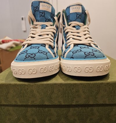 Gucci Tennis 1977 High Top Turquoise Navy Logo Monogram Sz 9