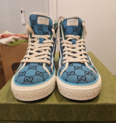 Gucci Tennis 1977 High Top Turquoise Navy Logo Monogram Sz 9