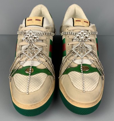 Off White Green Distressed Leather Crystal Screener Sneakers