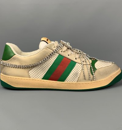 Off White Green Distressed Leather Crystal Screener Sneakers