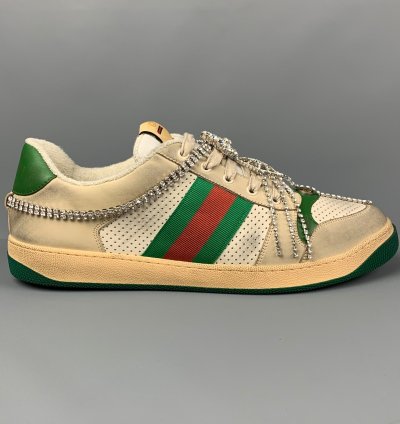 Off White Green Distressed Leather Crystal Screener Sneakers