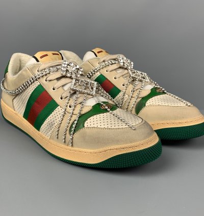 Off White Green Distressed Leather Crystal Screener Sneakers