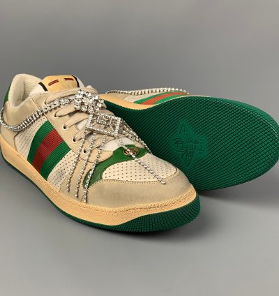 Off White Green Distressed Leather Crystal Screener Sneakers