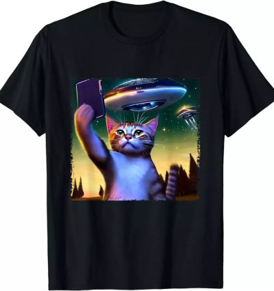 Funny Cat Selfie With Ufo Gift Ideas Tee Fun T-shirt Size S-5xl
