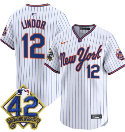 Francisco Lindor Jersey 12 New York Mets 2025 Jackie Robinson Patch Alternate Stitched Pinstripe