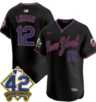 Francisco Lindor Jersey 12 New York Mets 2025 Jackie Robinson Patch Alternate Stitched Black