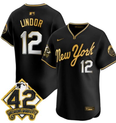 Francisco Lindor Jersey 12 New York Mets 2025 Jackie Robinson Patch Alternate Stitched Black Gold