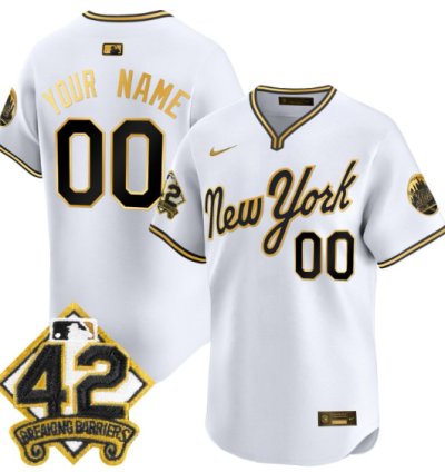 Custom New York Mets Jersey 2025 Jackie Robinson Patch Road Stitched White Gold