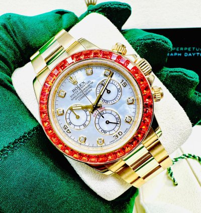 Rolex Daytona 116578 Saco Yellow Gold Orange Sapphire Mother Of Pearl Dial Full Set