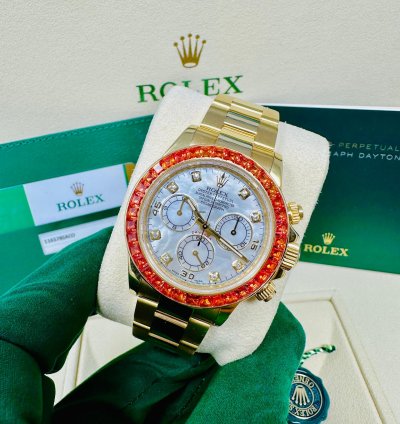 Rolex Daytona 116578 Saco Yellow Gold Orange Sapphire Mother Of Pearl Dial Full Set