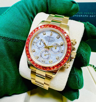 Rolex Daytona 116578 Saco Yellow Gold Orange Sapphire Mother Of Pearl Dial Full Set