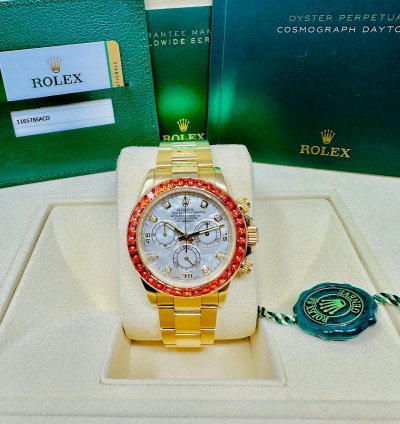 Rolex Daytona 116578 Saco Yellow Gold Orange Sapphire Mother Of Pearl Dial Full Set