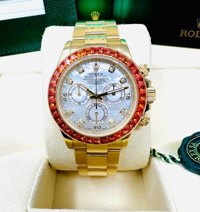 Rolex Daytona 116578 Saco Yellow Gold Orange Sapphire Mother Of Pearl Dial Full Set