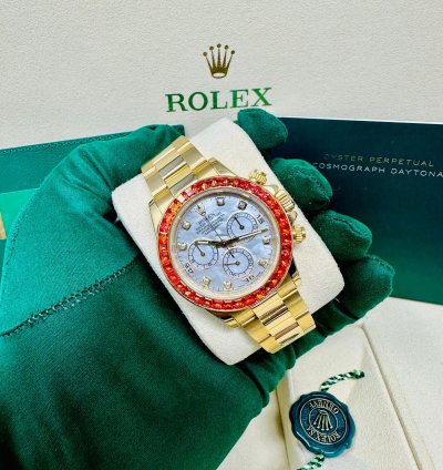 Rolex Daytona 116578 Saco Yellow Gold Orange Sapphire Mother Of Pearl Dial Full Set