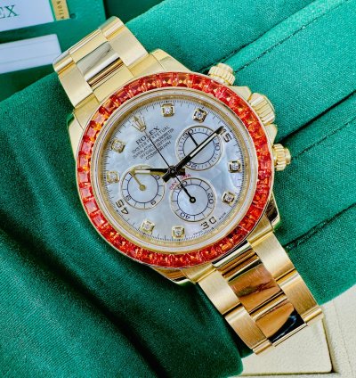 Rolex Daytona 116578 Saco Yellow Gold Orange Sapphire Mother Of Pearl Dial Full Set