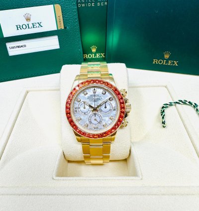 Rolex Daytona 116578 Saco Yellow Gold Orange Sapphire Mother Of Pearl Dial Full Set