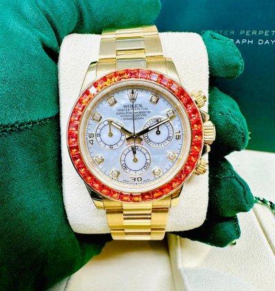 Rolex Daytona 116578 Saco Yellow Gold Orange Sapphire Mother Of Pearl Dial Full Set